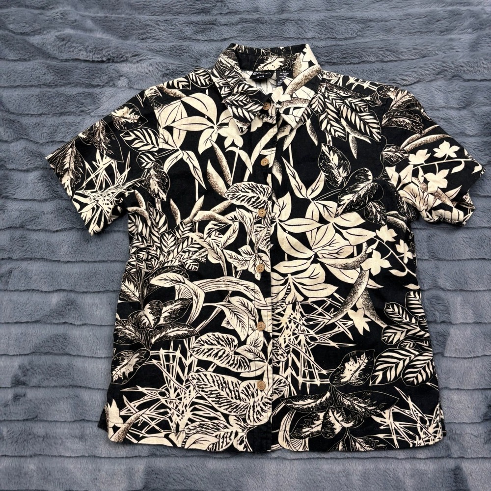 Erika Petite Womens Black Cream Tropical Leaf Linen Blend Button Down Shirt PS